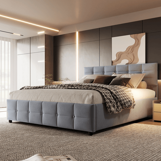 Cama de arrumação em veludo 180x200 cm - com estrado de molas - Cinzento