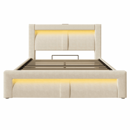 Cama de casal 140x200 cm - com arrumação, base hidráulica, iluminação LED com controlo por aplicação, portas USB e Type-C, cabeceira curva em veludo - bege