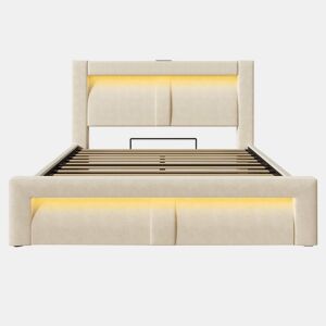Cama de casal 140x200 cm - com arrumação, base hidráulica, iluminação LED com controlo por aplicação, portas USB e Type-C, cabeceira curva em veludo - bege