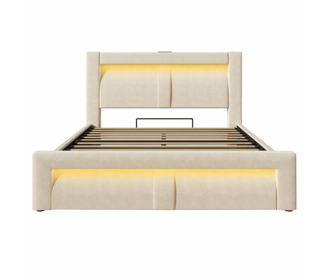 Cama doble 140x200 cm - con almacenamiento, cama hidráulica, iluminación led con control por app, puertos usb y type-c, cabecero curvo de terciopelo -