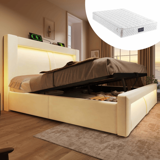 Cama de casal 140x200 cm - com arrumação, base hidráulica, iluminação LED com controlo por aplicação, portas USB e Type-C, cabeceira curva em veludo - bege