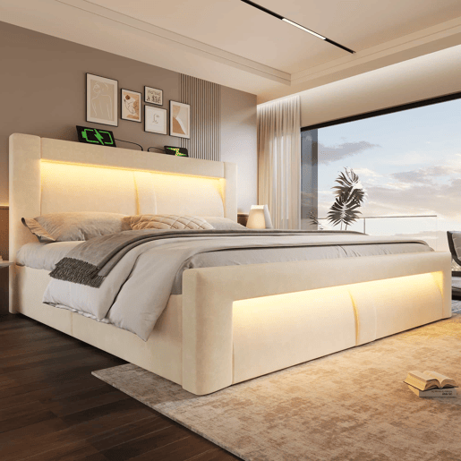 Cama de casal 140x200 cm - com arrumação, base hidráulica, iluminação LED com controlo por aplicação, portas USB e Type-C, cabeceira curva em veludo - bege