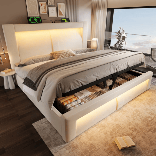 Cama de casal 140x200 cm - com arrumação, base hidráulica, iluminação LED com controlo por aplicação, portas USB e Type-C, cabeceira curva em veludo - bege
