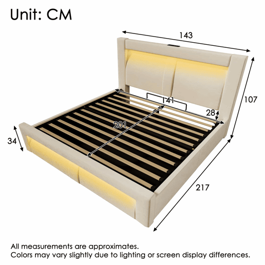 Cama de casal 140x200 cm - com arrumação, base hidráulica, iluminação LED com controlo por aplicação, portas USB e Type-C, cabeceira curva em veludo - bege