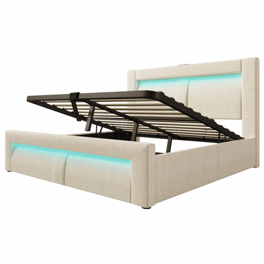 Cama de casal 140x200 cm - com arrumação, base hidráulica, iluminação LED com controlo por aplicação, portas USB e Type-C, cabeceira curva em veludo - bege