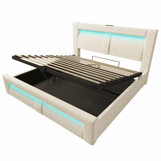 Cama de casal 140x200 cm - com arrumação, base hidráulica, iluminação LED com controlo por aplicação, portas USB e Type-C, cabeceira curva em veludo - bege