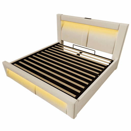 Cama de casal 140x200 cm - com arrumação, base hidráulica, iluminação LED com controlo por aplicação, portas USB e Type-C, cabeceira curva em veludo - bege