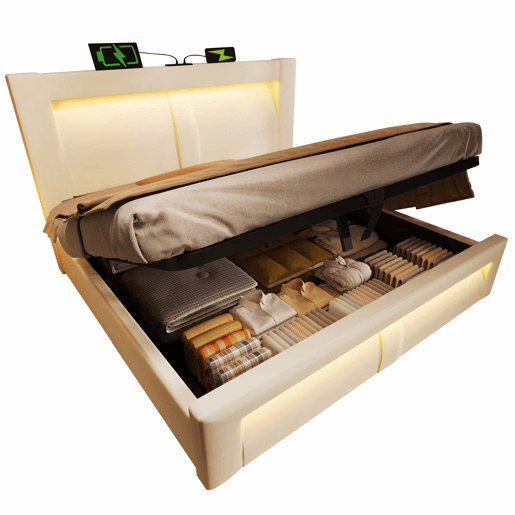 Cama de casal 140x200 cm - com arrumação, base hidráulica, iluminação LED com controlo por aplicação, portas USB e Type-C, cabeceira curva em veludo - bege