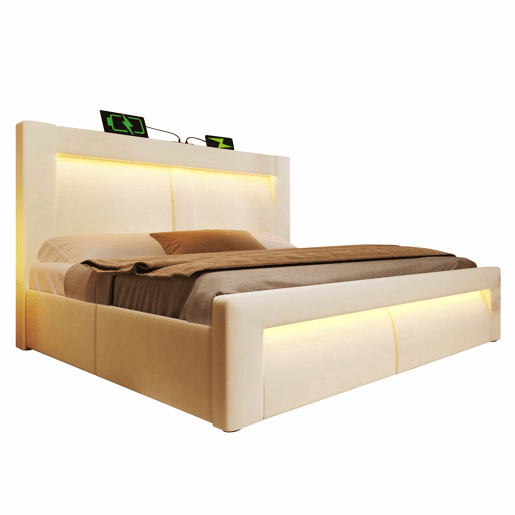 Cama de casal 140x200 cm - com arrumação, base hidráulica, iluminação LED com controlo por aplicação, portas USB e Type-C, cabeceira curva em veludo - bege