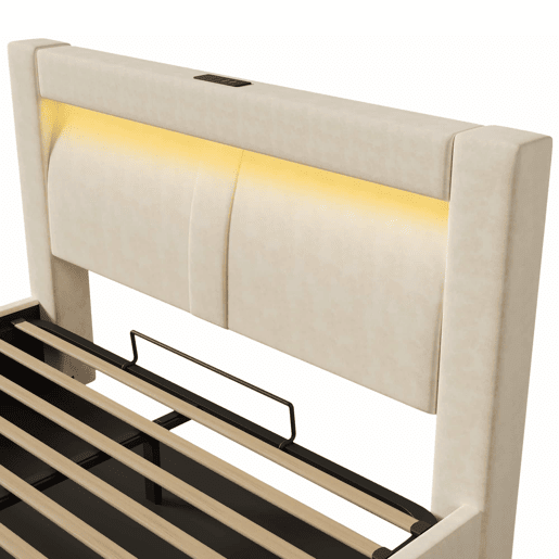 Cama de casal 140x200 cm - com arrumação, base hidráulica, iluminação LED com controlo por aplicação, portas USB e Type-C, cabeceira curva em veludo - bege