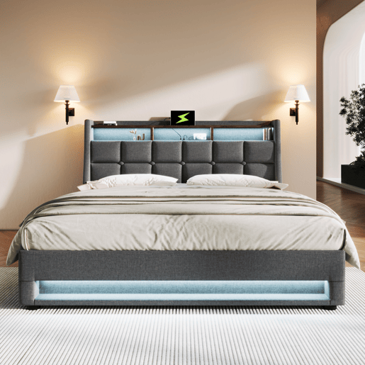 Cama para arrumação de roupa de cama 160x200cm com LED e portas USB - estrado - cinzento Cama para arrumação de roupa de cama 160x200cm com LED e portas USB - estrado - cinzento