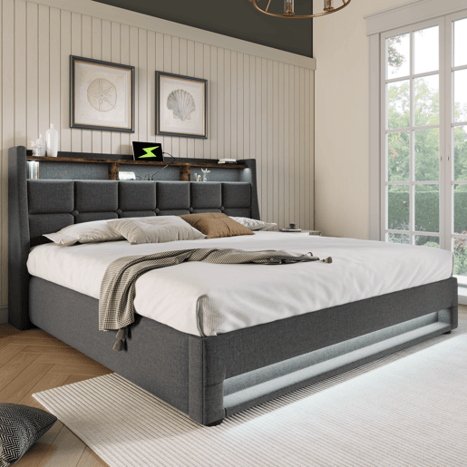 Cama para arrumação de roupa de cama 160x200cm com LED e portas USB - estrado - cinzento Cama para arrumação de roupa de cama 160x200cm com LED e portas USB - estrado - cinzento