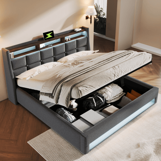 Cama para arrumação de roupa de cama 160x200cm com LED e portas USB - estrado - cinzento Cama para arrumação de roupa de cama 160x200cm com LED e portas USB - estrado - cinzento