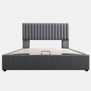 Cama de arrumação estofada em linho com portas de carregamento e LED - 160x200 cm - 3 compartimentos na cabeceira ajustável - Cinzento