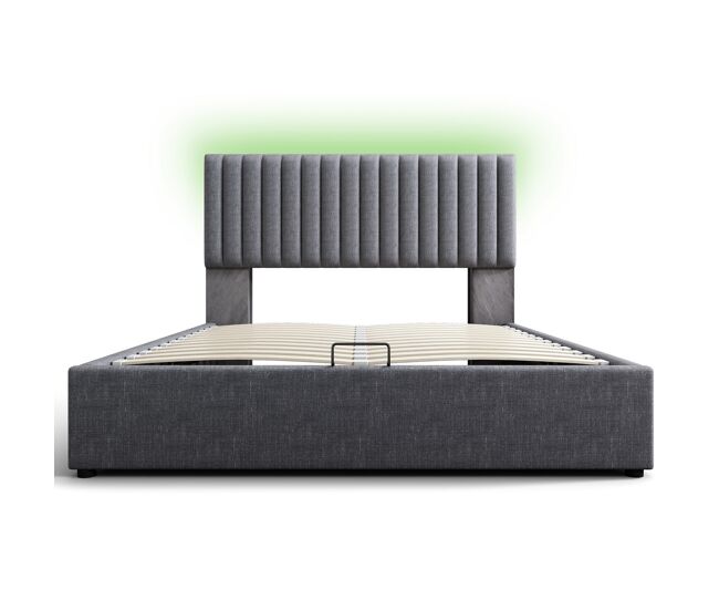 Cama con almacenaje acolchada de lino con puertos de carga y led - 160x200 cm - 3 compartimentos en el cabecero ajustable - gris