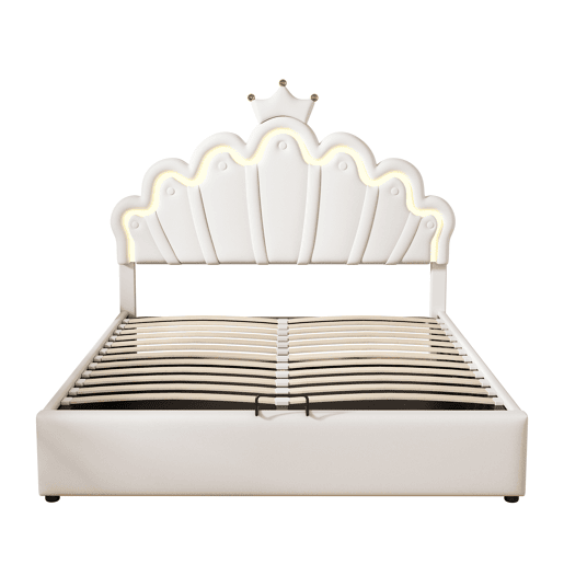 Cama estofada princesa 140x200 cm - iluminação LED regulável e coroa - branco Cama estofada princesa 140x200 cm - iluminação LED regulável e coroa - branco