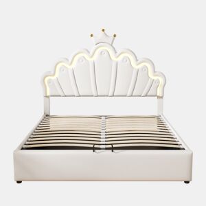 Cama estofada princesa 140x200 cm - iluminação LED regulável e coroa - branco