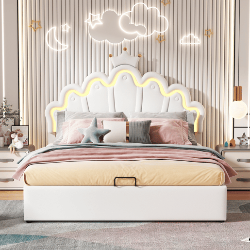 Cama estofada princesa 140x200 cm - iluminação LED regulável e coroa - branco Cama estofada princesa 140x200 cm - iluminação LED regulável e coroa - branco