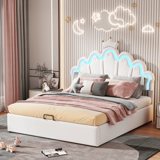 Cama estofada princesa 140x200 cm - iluminação LED regulável e coroa - branco Cama estofada princesa 140x200 cm - iluminação LED regulável e coroa - branco