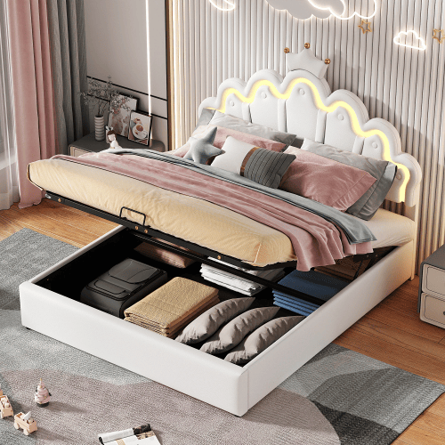 Cama estofada princesa 140x200 cm - iluminação LED regulável e coroa - branco Cama estofada princesa 140x200 cm - iluminação LED regulável e coroa - branco