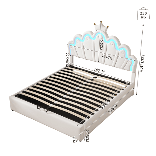 Cama estofada princesa 140x200 cm - iluminação LED regulável e coroa - branco Cama estofada princesa 140x200 cm - iluminação LED regulável e coroa - branco