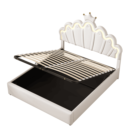 Cama estofada princesa 140x200 cm - iluminação LED regulável e coroa - branco Cama estofada princesa 140x200 cm - iluminação LED regulável e coroa - branco