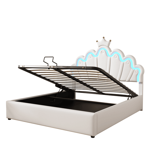 Cama estofada princesa 140x200 cm - iluminação LED regulável e coroa - branco Cama estofada princesa 140x200 cm - iluminação LED regulável e coroa - branco