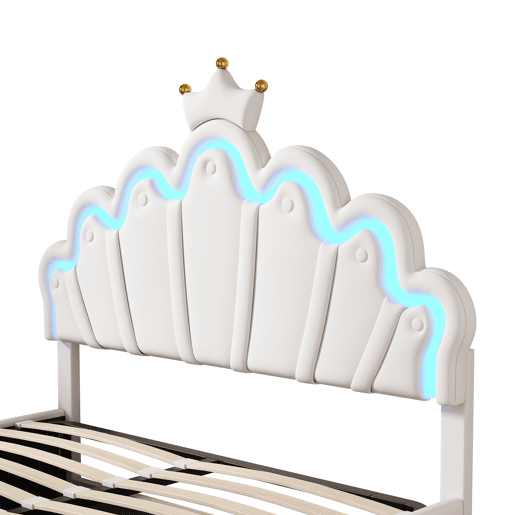 Cama estofada princesa 140x200 cm - iluminação LED regulável e coroa - branco Cama estofada princesa 140x200 cm - iluminação LED regulável e coroa - branco