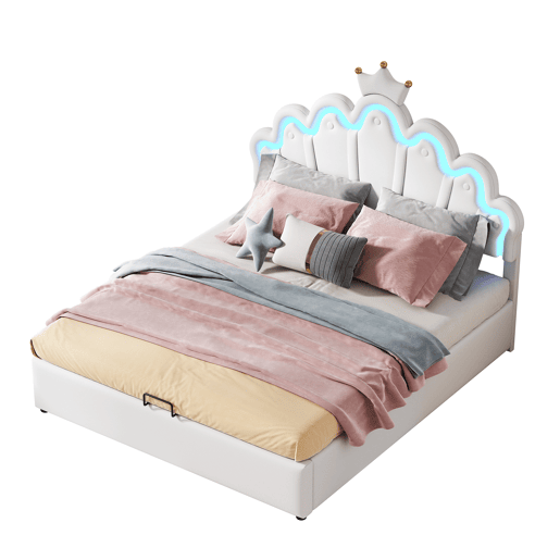 Cama estofada princesa 140x200 cm - iluminação LED regulável e coroa - branco Cama estofada princesa 140x200 cm - iluminação LED regulável e coroa - branco