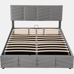 Cama de contentor em veludo com estrado de ripas + cabeceira regulável - 140x190cm - Cinzento