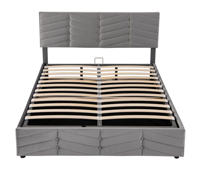 Cama contenedor de terciopelo con somier de láminas + cabecero ajustable - 140x190cm - gris