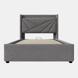 Cama contentora em tecido de linho 90x200 cm - com porta USB e estrado - Cinzento