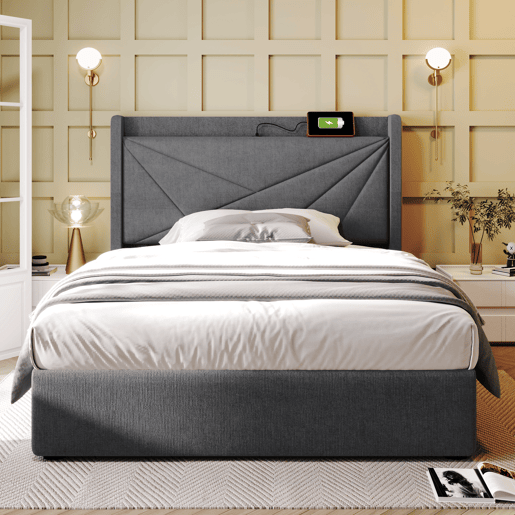 Cama contentora em tecido de linho 90x200 cm - com porta USB e estrado - Cinzento Cama contentora em tecido de linho 90x200 cm - com porta USB e estrado - Cinzento