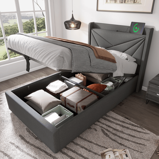 Cama contentora em tecido de linho 90x200 cm - com porta USB e estrado - Cinzento Cama contentora em tecido de linho 90x200 cm - com porta USB e estrado - Cinzento