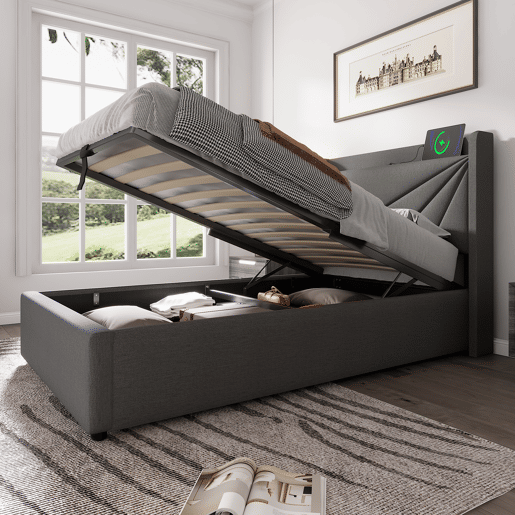 Cama contentora em tecido de linho 90x200 cm - com porta USB e estrado - Cinzento Cama contentora em tecido de linho 90x200 cm - com porta USB e estrado - Cinzento