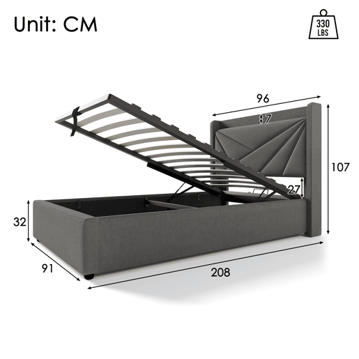Cama contentora em tecido de linho 90x200 cm - com porta USB e estrado - Cinzento Cama contentora em tecido de linho 90x200 cm - com porta USB e estrado - Cinzento
