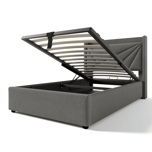 Cama contentora em tecido de linho 90x200 cm - com porta USB e estrado - Cinzento Cama contentora em tecido de linho 90x200 cm - com porta USB e estrado - Cinzento