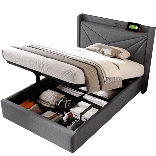 Cama contentora em tecido de linho 90x200 cm - com porta USB e estrado - Cinzento Cama contentora em tecido de linho 90x200 cm - com porta USB e estrado - Cinzento