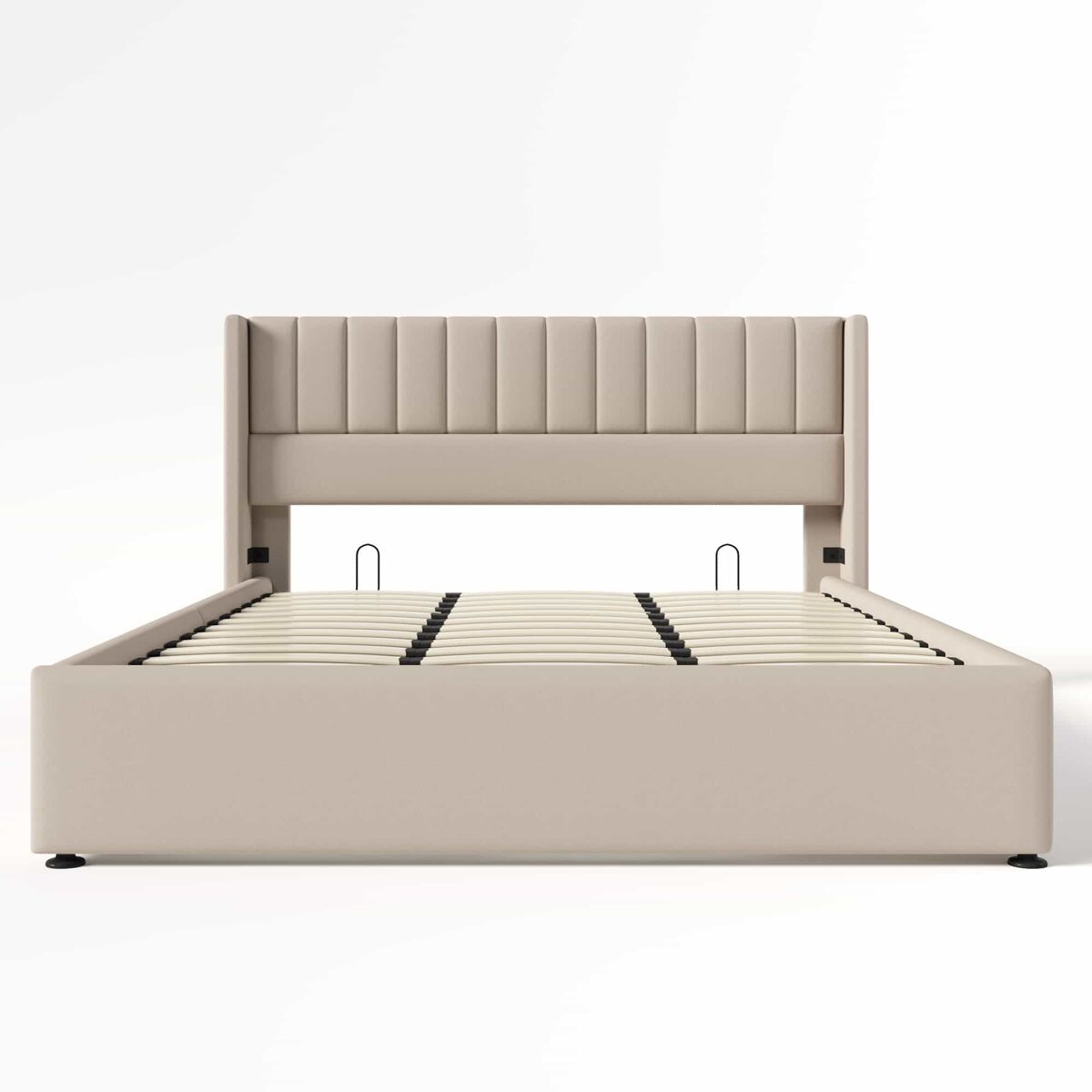 Cama tapizada con almacenaje hidráulico 180x200 cm - somier de madera y estructura metálica, lino - beige