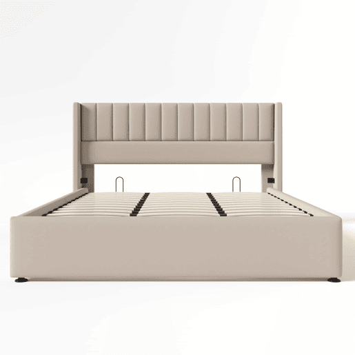 Cama estofada com arrumação hidráulica 180x200 cm - base em madeira e estrutura metálica, linho - bege Cama estofada com arrumação hidráulica 180x200 cm - base em madeira e estrutura metálica, linho - bege