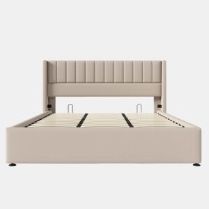 Cama estofada com arrumação hidráulica 180x200 cm - base em madeira e estrutura metálica, linho - bege