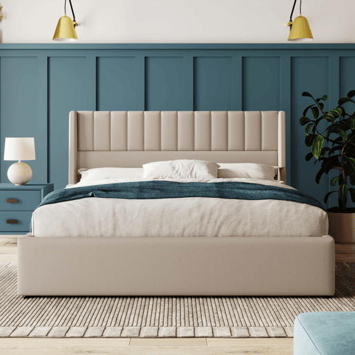 Cama estofada com arrumação hidráulica 180x200 cm - base em madeira e estrutura metálica, linho - bege Cama estofada com arrumação hidráulica 180x200 cm - base em madeira e estrutura metálica, linho - bege