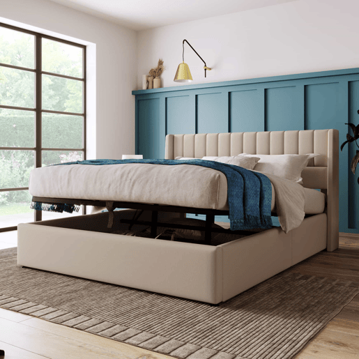 Cama estofada com arrumação hidráulica 180x200 cm - base em madeira e estrutura metálica, linho - bege Cama estofada com arrumação hidráulica 180x200 cm - base em madeira e estrutura metálica, linho - bege
