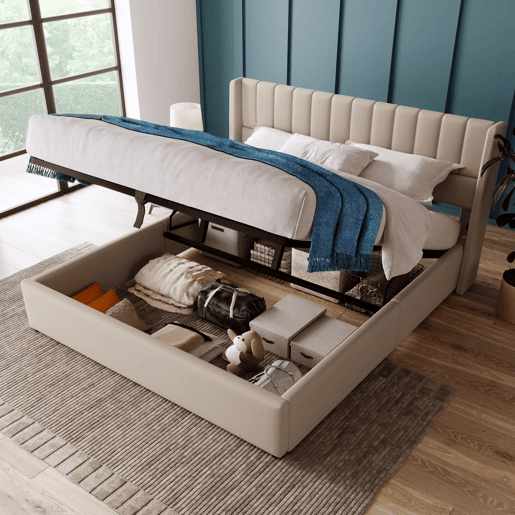 Cama estofada com arrumação hidráulica 180x200 cm - base em madeira e estrutura metálica, linho - bege Cama estofada com arrumação hidráulica 180x200 cm - base em madeira e estrutura metálica, linho - bege