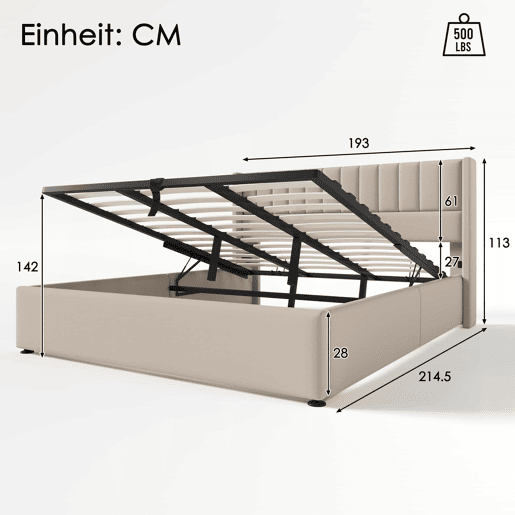 Cama estofada com arrumação hidráulica 180x200 cm - base em madeira e estrutura metálica, linho - bege Cama estofada com arrumação hidráulica 180x200 cm - base em madeira e estrutura metálica, linho - bege