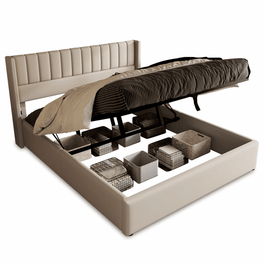 Cama estofada com arrumação hidráulica 180x200 cm - base em madeira e estrutura metálica, linho - bege Cama estofada com arrumação hidráulica 180x200 cm - base em madeira e estrutura metálica, linho - bege