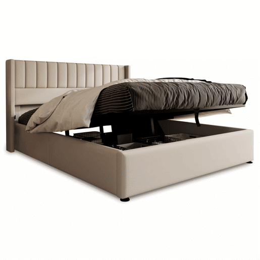 Cama estofada com arrumação hidráulica 180x200 cm - base em madeira e estrutura metálica, linho - bege Cama estofada com arrumação hidráulica 180x200 cm - base em madeira e estrutura metálica, linho - bege