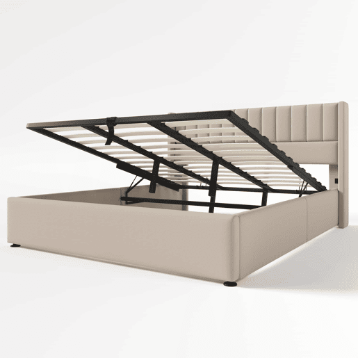 Cama estofada com arrumação hidráulica 180x200 cm - base em madeira e estrutura metálica, linho - bege Cama estofada com arrumação hidráulica 180x200 cm - base em madeira e estrutura metálica, linho - bege