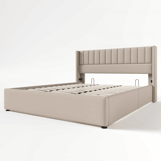 Cama estofada com arrumação hidráulica 180x200 cm - base em madeira e estrutura metálica, linho - bege Cama estofada com arrumação hidráulica 180x200 cm - base em madeira e estrutura metálica, linho - bege