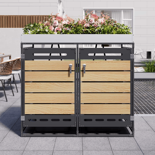 Caixa para contentores do lixo com vaso para plantas - laterais horizontais com efeito de madeira, ventilação perfurada, armário de jardim em ferro com fechadura - preto